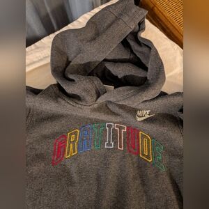 Nike Dark Gray Hoodie with Colorful 'Gratitude' Embroidery, XL Boys